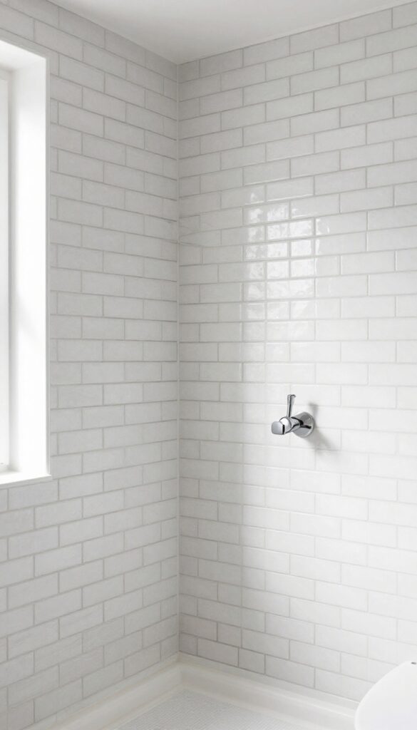 A close-up view of a peel-and-stick subway tile accent wall above a shower surround in a bright bathroom, showcasing texture and contrast with dark grout lines in natural light.