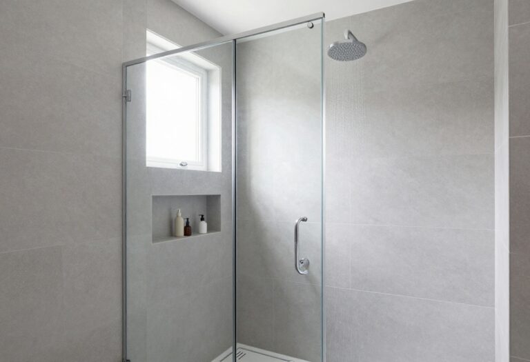 A stylish master bath tile shower with large gray tiles, frameless glass, built-in storage, and natural light, exemplifying a clutter-free and serene bathroom design.