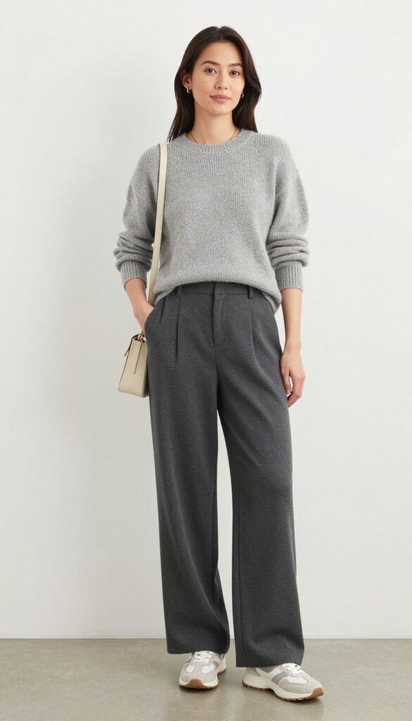 Woman in monochrome grey outfit with statement sneakers, business casual look