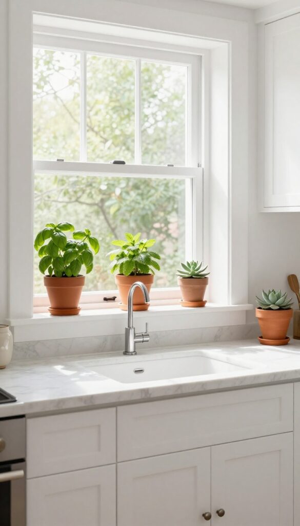 Modern kitchen with potted herbs on windowsill, bright natural light, clean design