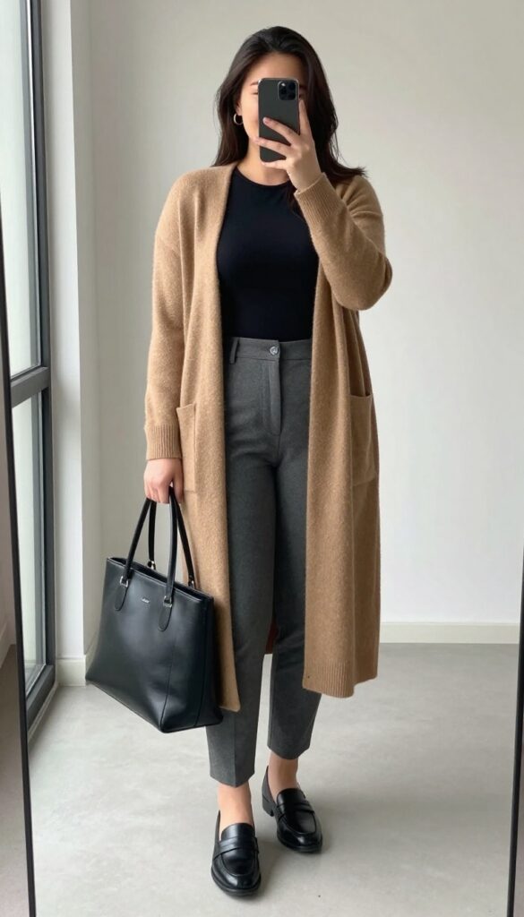Plus-size woman in camel longline cardigan, black fitted top, grey slim pants, and loafers, taking a mirror selfie in bright natural light.