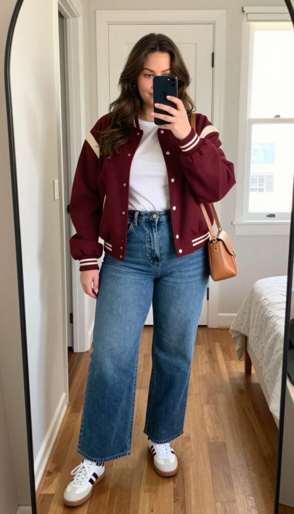 A plus-size woman in a cream and burgundy varsity jacket and light wash wide-leg jeans takes a mirror selfie, exuding confident game day style.