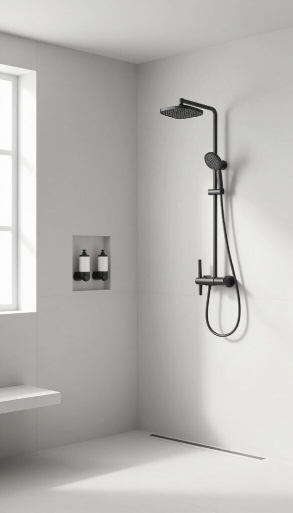 Double shower with recessed matte black shampoo and conditioner dispensers built into the tile wall, clean and minimalist design.