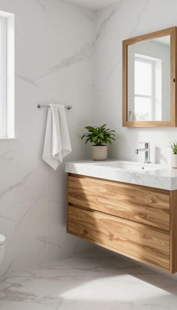 A luxurious bathroom featuring realistic marble-look alternatives such as porcelain tiles, quartz vanities, and ceramic tiles with wood accents, in bright natural lighting for a blog listicle on marble bathroom ideas.