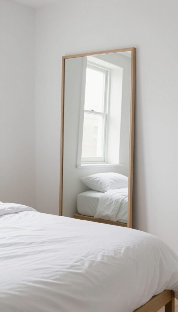 Tiny bedroom with a large mirror reflecting window light, creating an illusion of more space.