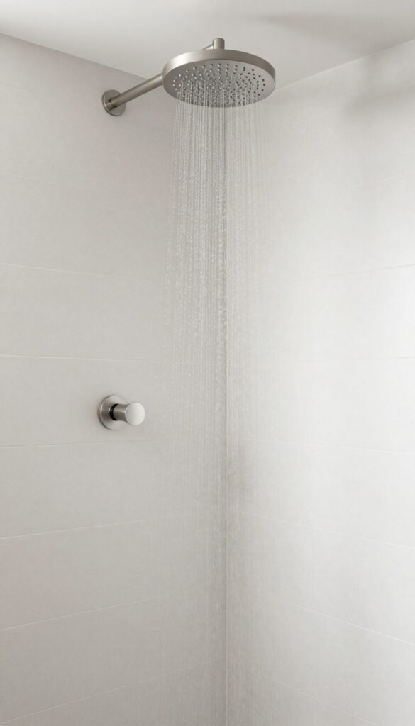 A luxurious master bathroom tile shower featuring an overhead rainfall showerhead with gentle water flow over neutral tiles and brushed nickel fixtures in bright natural light.