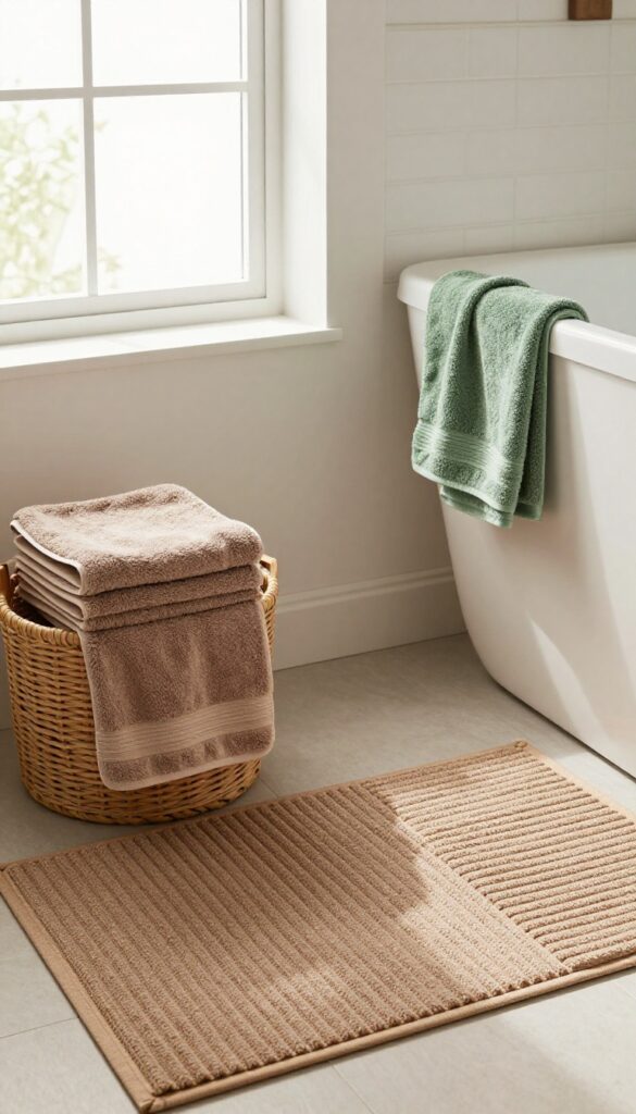Cozy textured towels and mats in earthy tones arranged in a bright bathroom with natural light for a soft landing after showering.