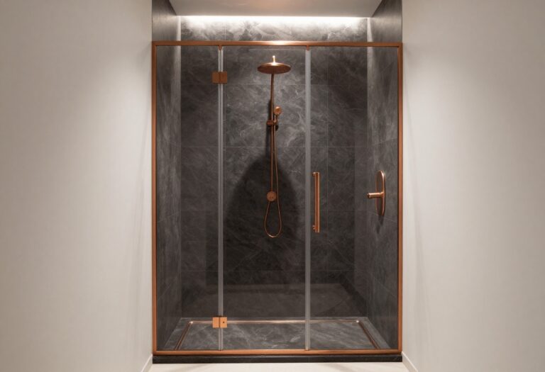 Luxurious walk-in onyx shower with copper accents and warm lighting in a modern bathroom