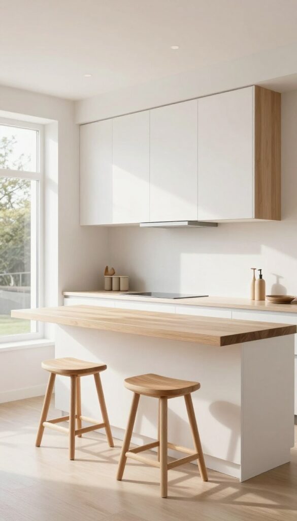Slim floating kitchen island with cantilevered top and backless stools tucked underneath, bright natural light, clean minimalist design.