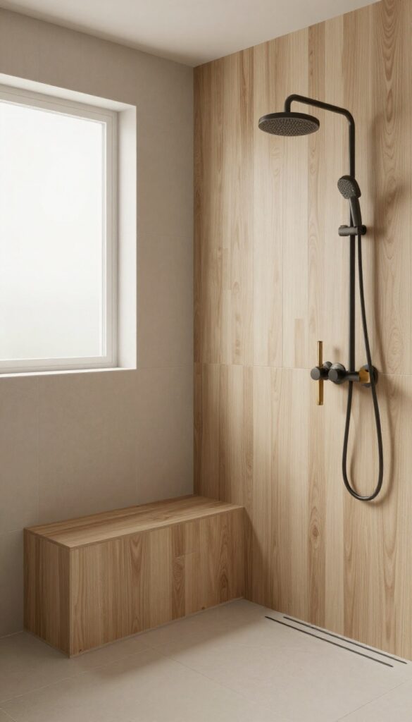 Modern shower with wood-look porcelain planks in warm oak, vertical accent wall, neutral tiles, matte black and brass fixtures, natural light.