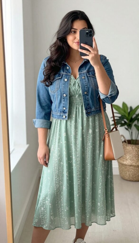 Plus-size woman in a flowy sage green midi dress and cropped denim jacket, taking a mirror selfie with sneakers and a tan crossbody bag.