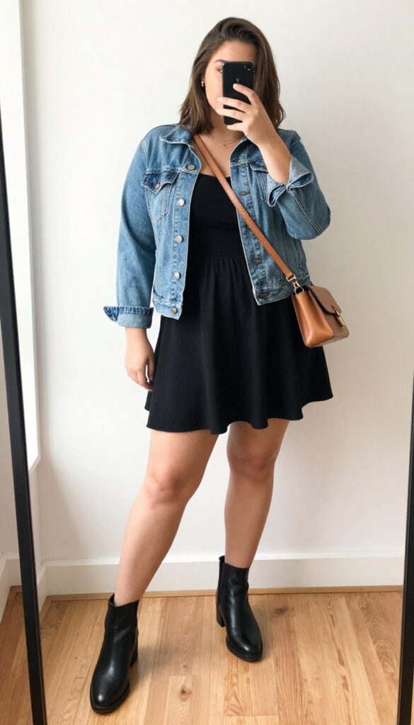 Plus-size woman in black skater dress and ankle boots taking a mirror selfie, with a denim jacket and crossbody bag, in a bright room.