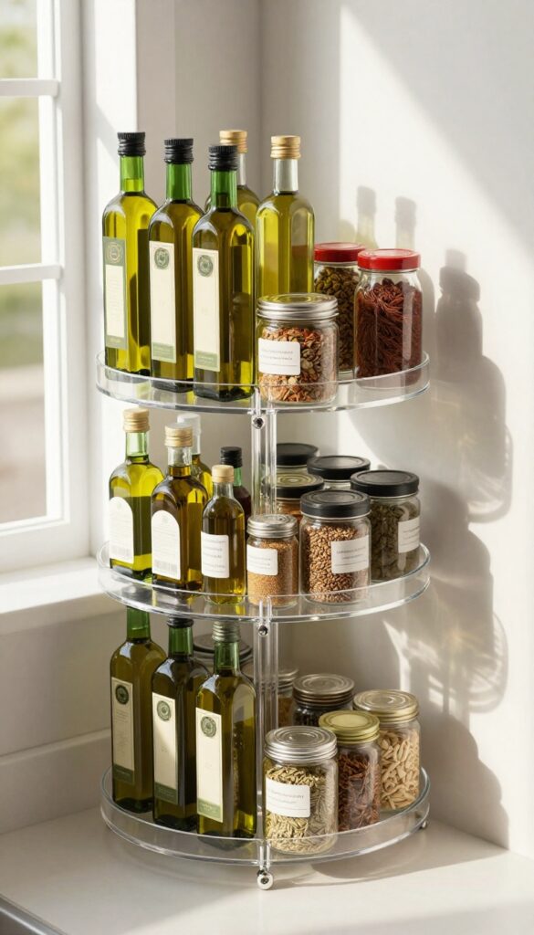 A clear lazy Susan in a corner kitchen cabinet with organized bottles and jars, natural light.