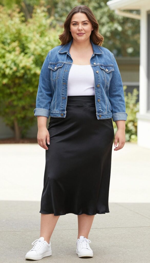 A woman wearing a black satin skirt and denim jacket outfit for summer, styled with white sneakers and a tote bag in a casual outdoor setting.