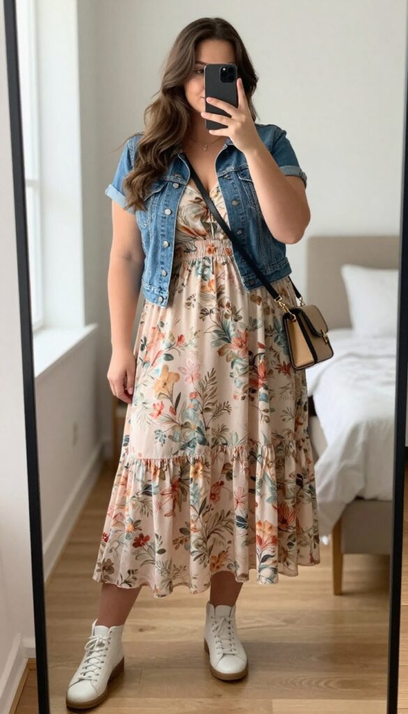 Plus-size woman in a floral midi dress and cropped denim jacket taking a mirror selfie, wearing sneakers and a crossbody bag, casual date night outfit.