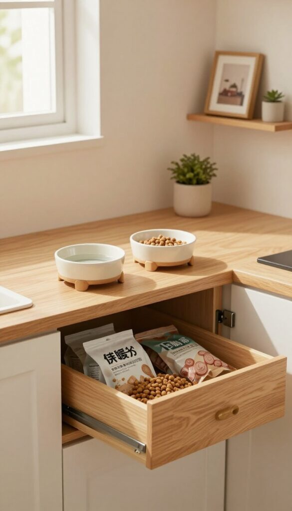 Cozy kitchen corner with built-in pet feeding station platform featuring bowls and hidden storage