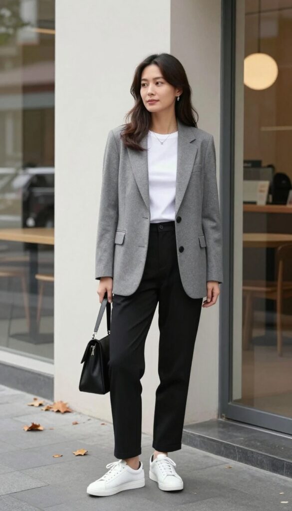 Woman in grey blazer, white tee, black straight-leg trousers, and white sneakers standing on a city sidewalk in autumn.