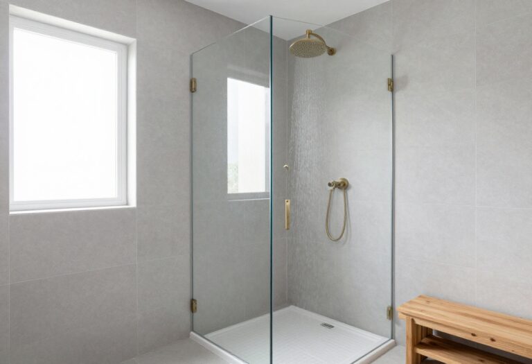 Bright bathroom with a walk-in shower featuring soft grey large-format tiles, brass fixtures, and a wooden bench.