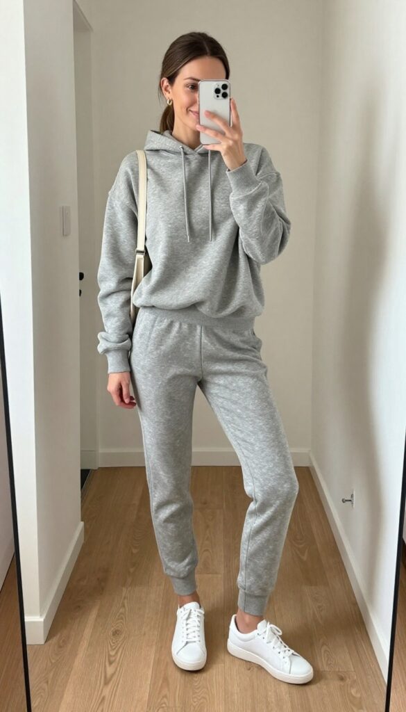 Mirror selfie of a woman in a heather gray oversized hoodie and matching tapered joggers, white sneakers, and a cream crossbody bag. She holds a phone partially covering her face. Bright natural light, clean interior.