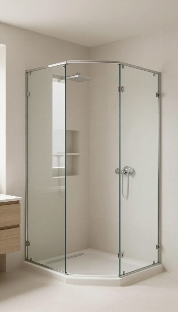 A small bathroom with a compact alcove tub and shower combo in bright natural light, featuring matching tile and built-in storage niches for a streamlined, spacious look.