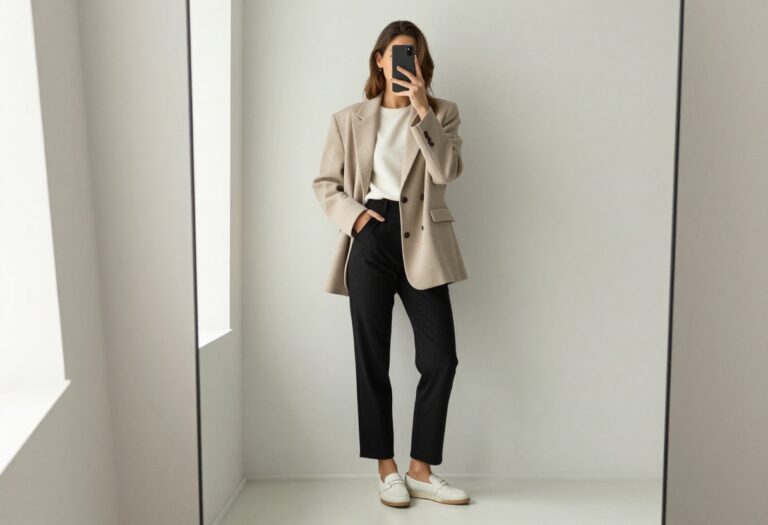 A woman in a relaxed blazer and straight-leg trousers takes a mirror selfie, showcasing a comfortable yet polished business casual outfit.