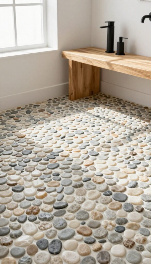 Natural pebble mosaic shower base with smooth stones in neutral tones, teak bench, and matte black fixtures.