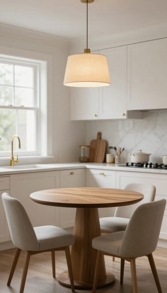 Small chandelier hanging low over a kitchen dining nook with warm glow