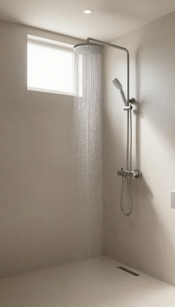 A serene basement bathroom featuring a rainfall showerhead in a neutral-toned setting with soft lighting, creating a spa-like retreat.