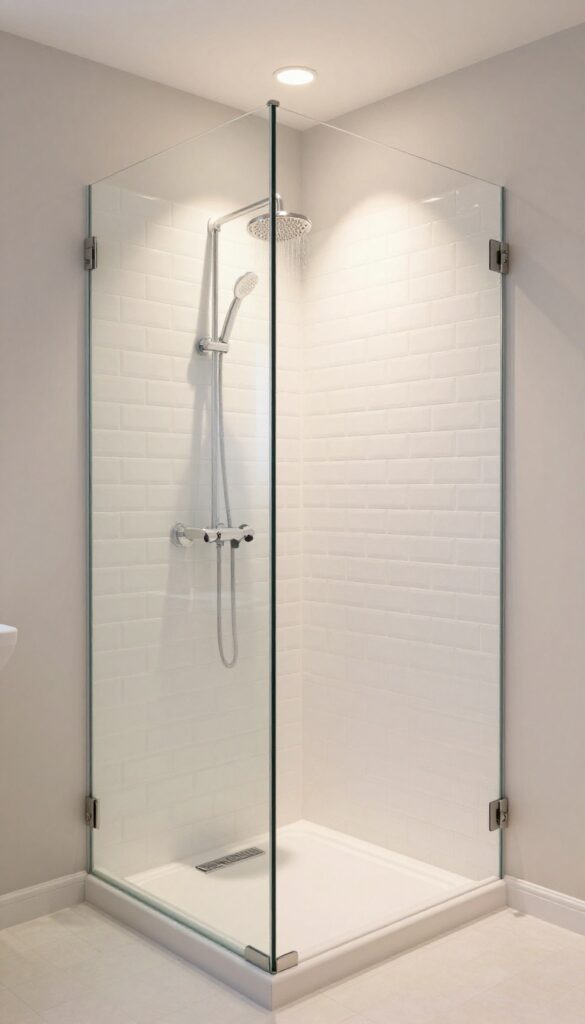 Small shower-only bathroom with dimmable wall sconce providing warm layered lighting