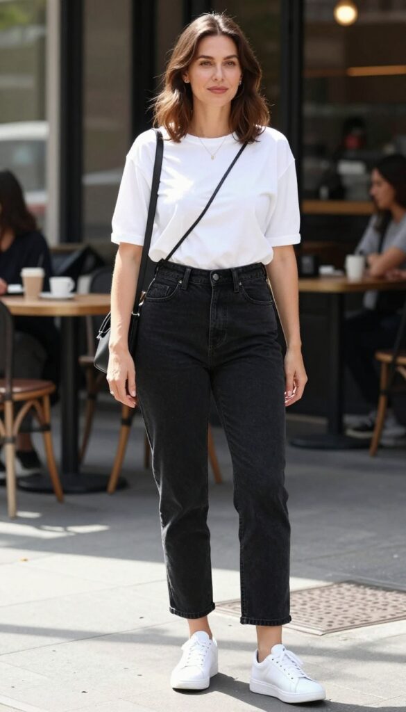 A woman wearing black denim shorts and a white tee with white sneakers, accessorized with gold jewelry and sunglasses, styled casually in a summer setting.