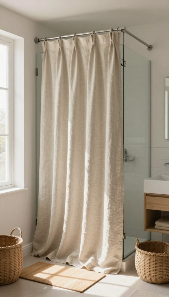 Linen curtain over glass shower door in neutral oatmeal tone, with wooden accents and natural light
