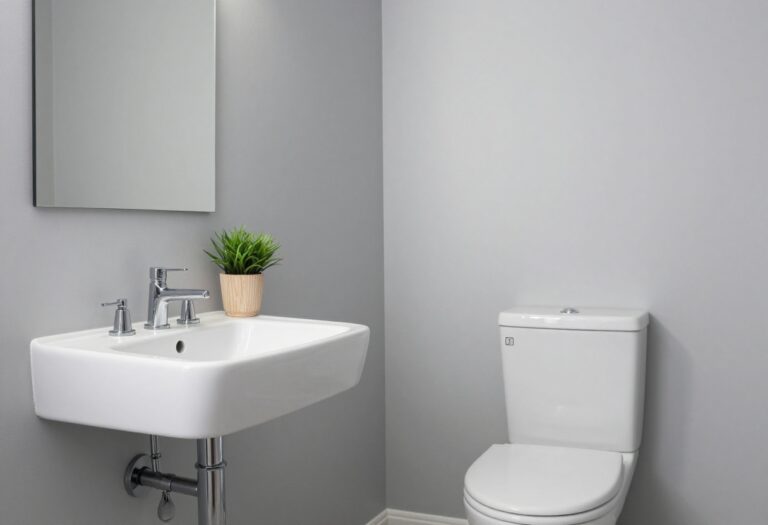 A serene gray bathroom with soft walls, white fixtures, and natural light, showcasing calm and clean home decor ideas.