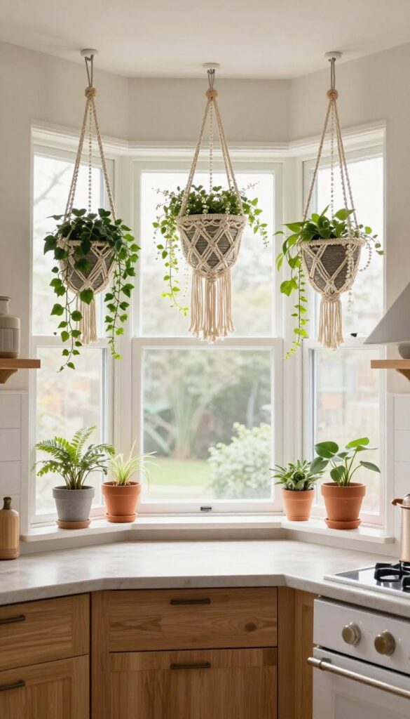Hanging macrame planters in a kitchen bay window with trailing greenery, clear windowsill, natural light, modern cozy interior.