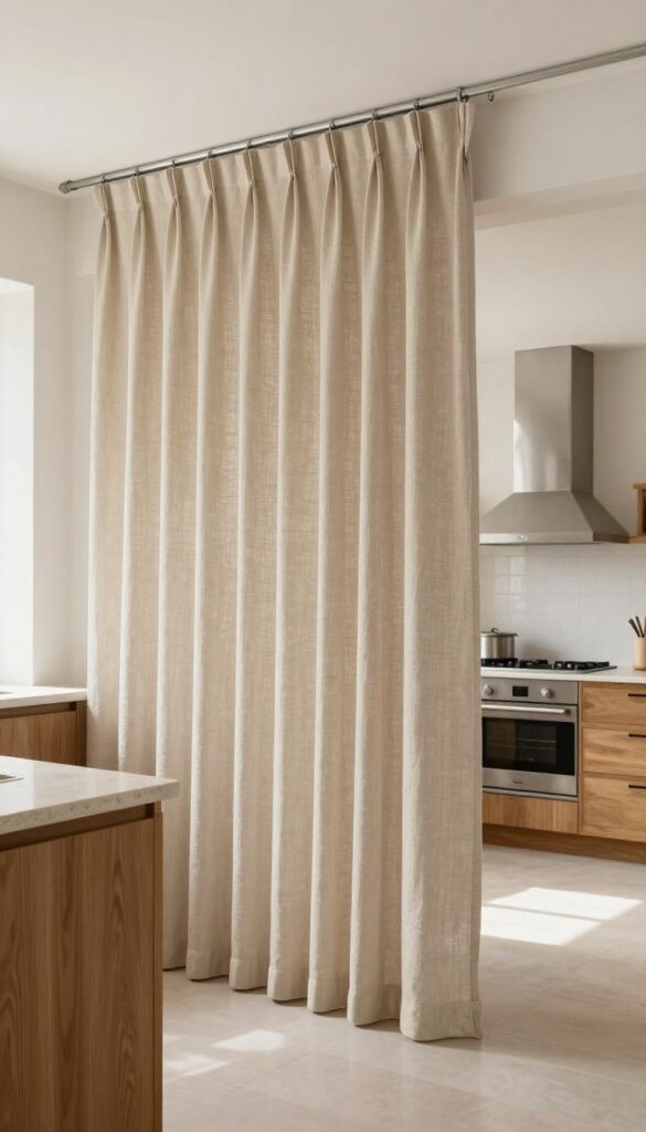 Linen curtain sliding door in kitchen, soft separation between cooking and living spaces