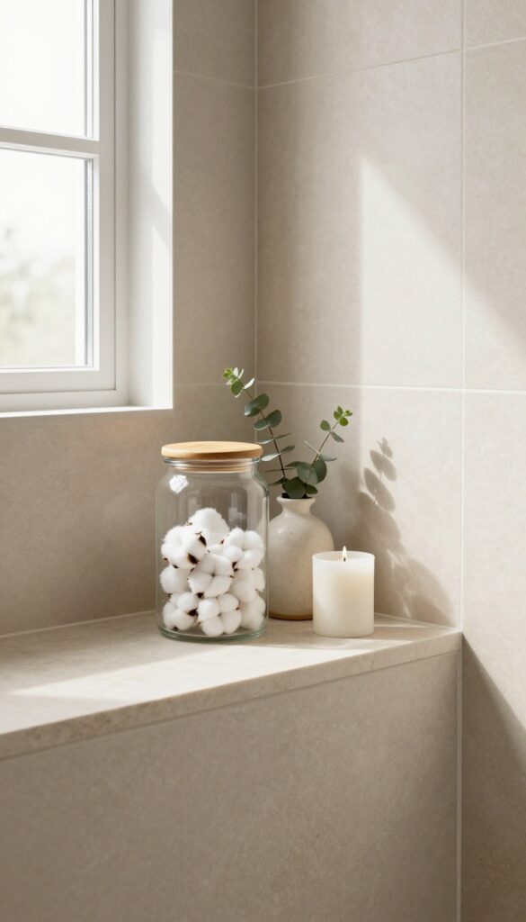 Wide window ledge inside shower used as storage shelf with glass jar, eucalyptus, and candle
