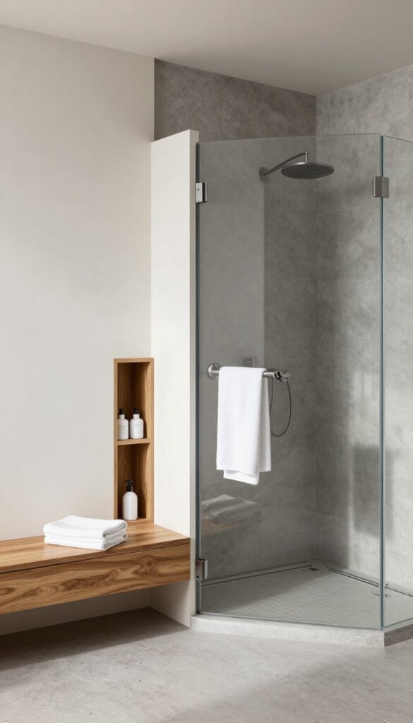 Floating bench with hidden storage in a double shower
