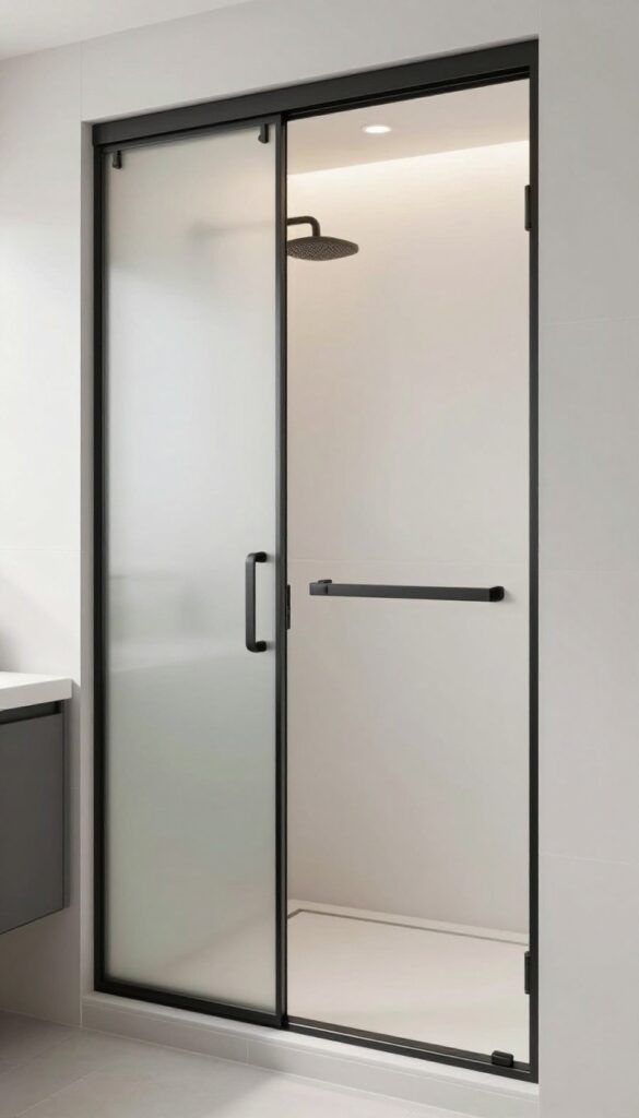 A sliding glass door in a small bathroom with frosted texture and modern hardware, saving space by eliminating door swing in a shower over bath setup.