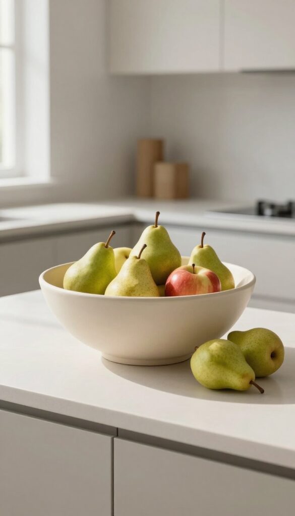 A single oversized ceramic fruit bowl with green pears and red apples on a clean kitchen counter, natural light, minimalist style.