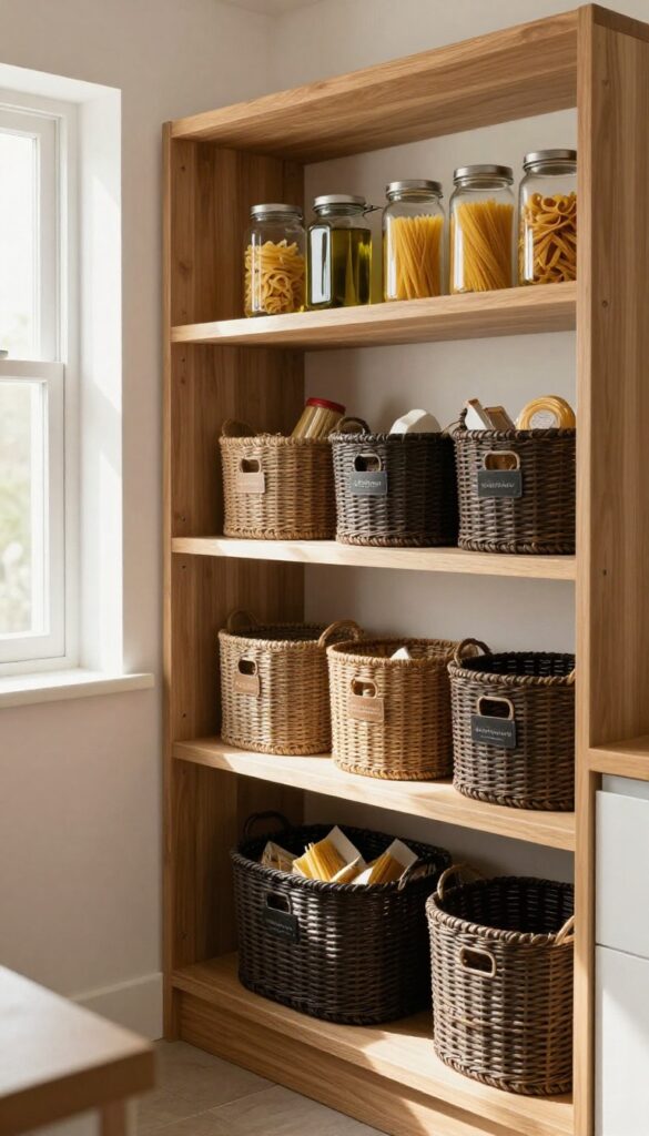 Open shelving with woven baskets in a bright kitchen pantry