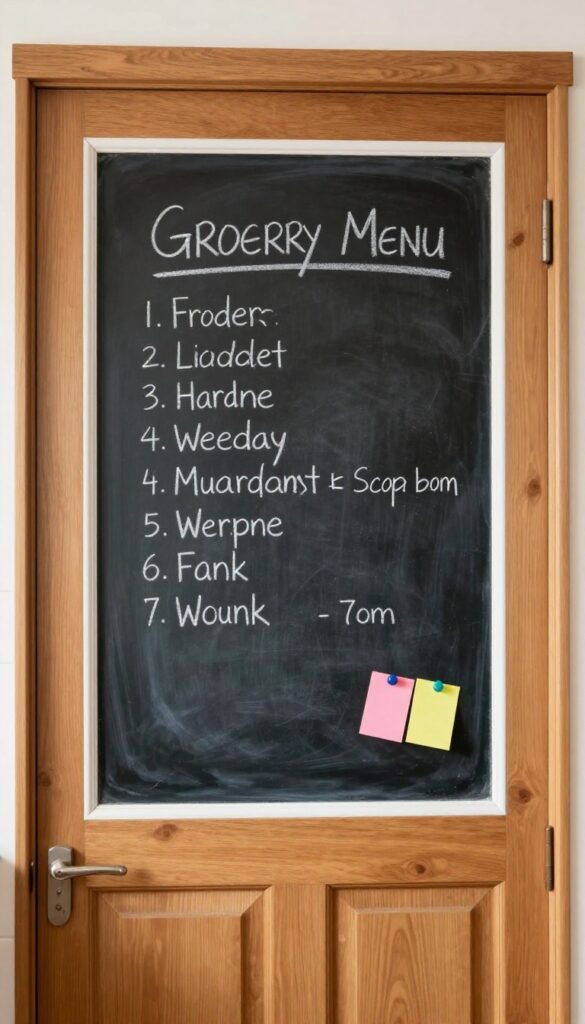 Kitchen door with chalkboard panel and magnetic notes in bright natural light