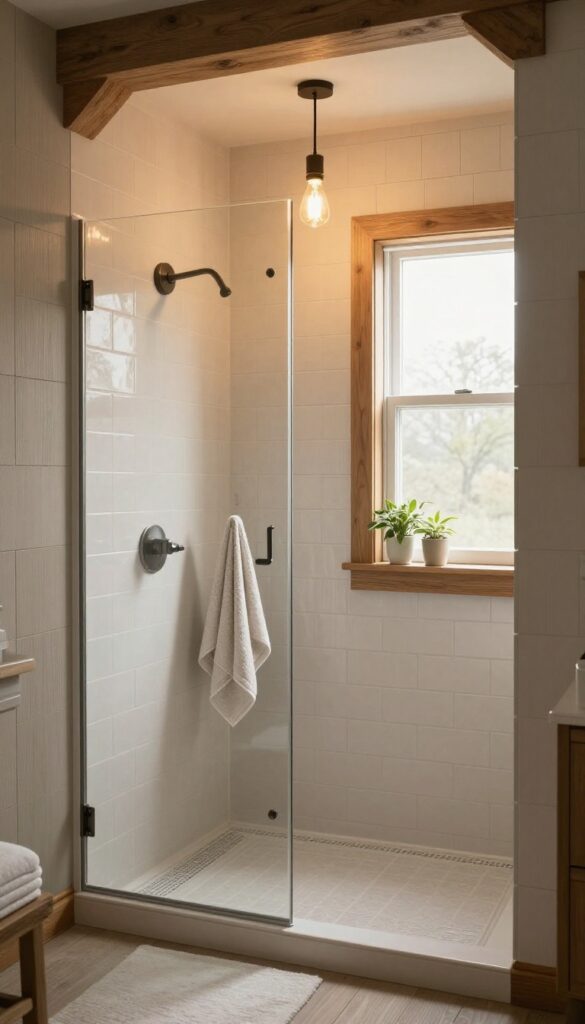 Farmhouse walk-in shower with Edison bulb lighting creating a warm, inviting atmosphere in a neutral-toned bathroom.