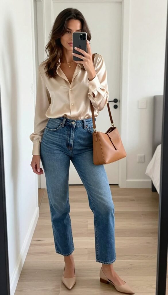 Woman taking a mirror selfie wearing straight-leg jeans and a satin blouse, with pointed flats and a crossbody bag, for a casual bar night outfit.
