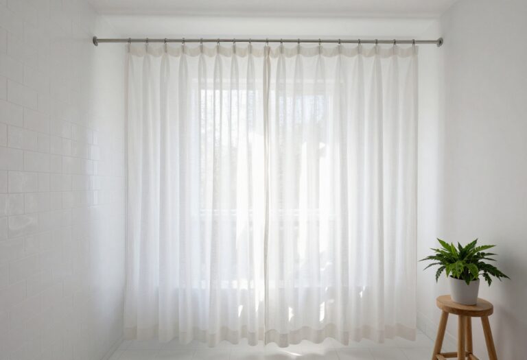 Small bathroom with ceiling-mounted white linen shower curtain, subway tiles, and plant