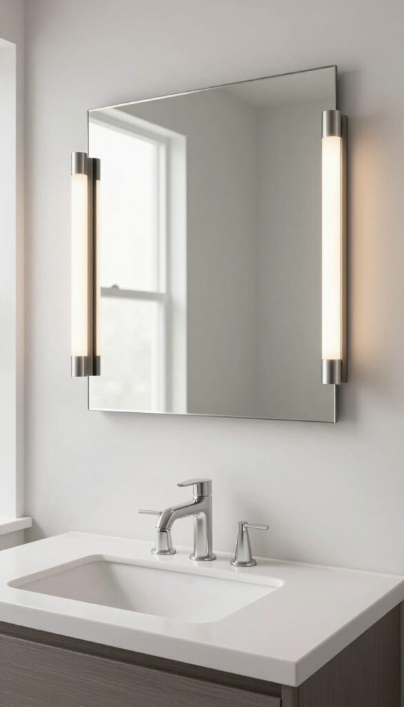 Bathroom vanity with pendant lights beside a mirror for flattering side lighting in a bright, clean setting