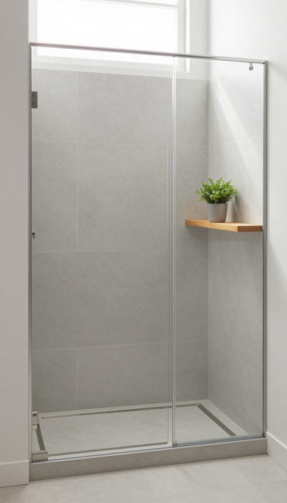 Large-format porcelain slabs in a walk-in shower with minimal grout lines and a linear drain.