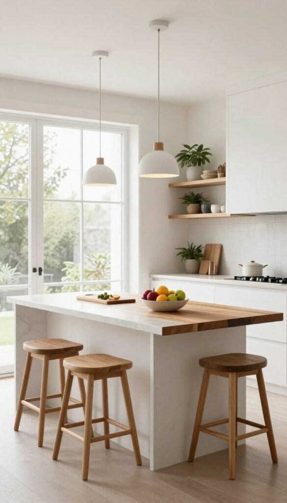 Two-tier kitchen island with raised bar seating, pendant lights, and natural light