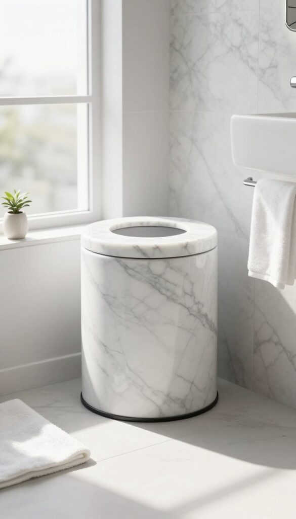 A stylish faux marble trash can in a modern bathroom with marble surfaces, showcasing visual harmony and clean design.