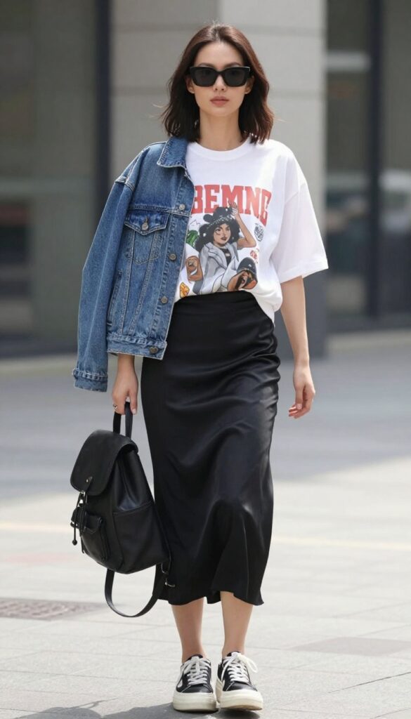 A woman wearing a graphic tee and black satin skirt in a casual street-style summer outfit, featuring chunky sneakers, sunglasses, and a backpack against an urban backdrop.