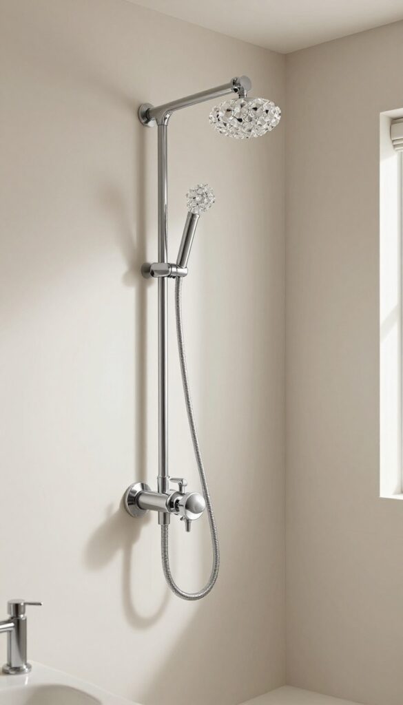 A curved shower curtain rod with decorative crystal ball finials in a bright, modern bathroom setting.