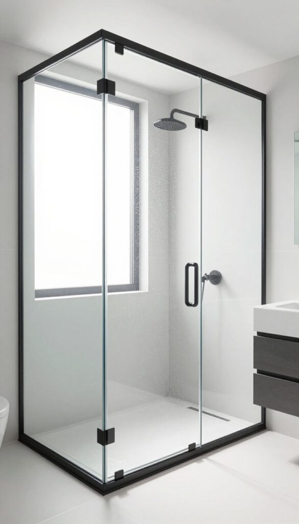 Modern bathroom with frameless glass enclosures in a curbless shower, showcasing an open and seamless design with natural light and minimalist decor.
